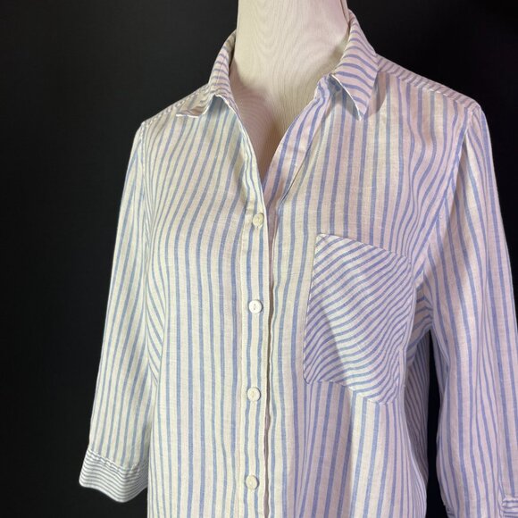 Chico's Size 1.5 (US 10) No-Iron Button-Up Shirt Striped Blue White Linen - Picture 9 of 11